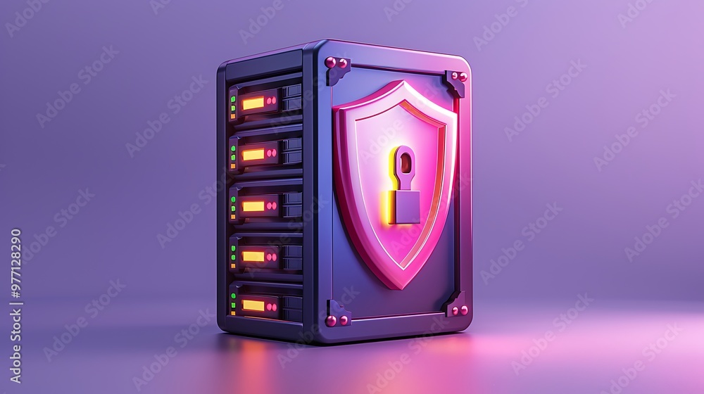 Poster a modern data server featuring a shield and lock design, symbolizing security and protection for dig