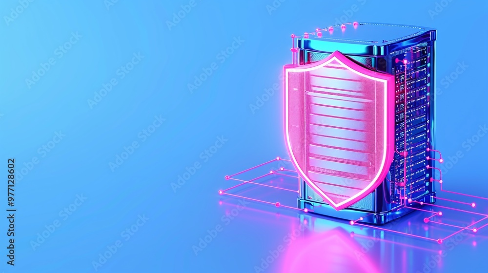 Poster a modern data server protected by a glowing shield, symbolizing cybersecurity and digital protection