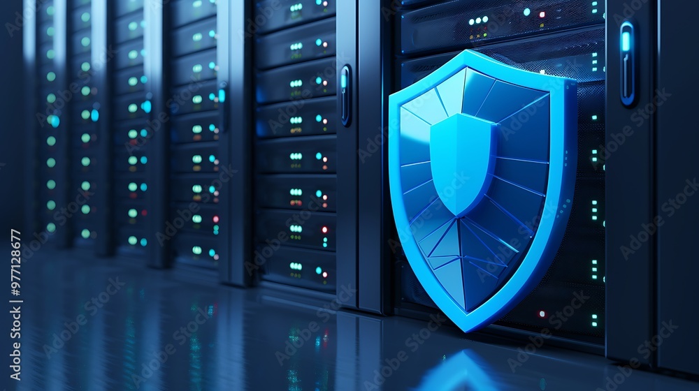 Poster a modern data server with a blue security shield representing protection and cybersecurity in digita