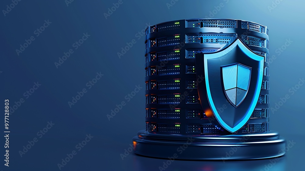 Poster a modern data server with a blue shield representing cybersecurity and digital protection against th