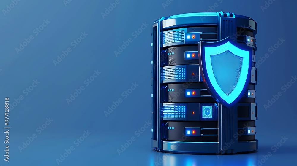 Poster a modern data server with a blue shield symbol, representing data security and protection in digital