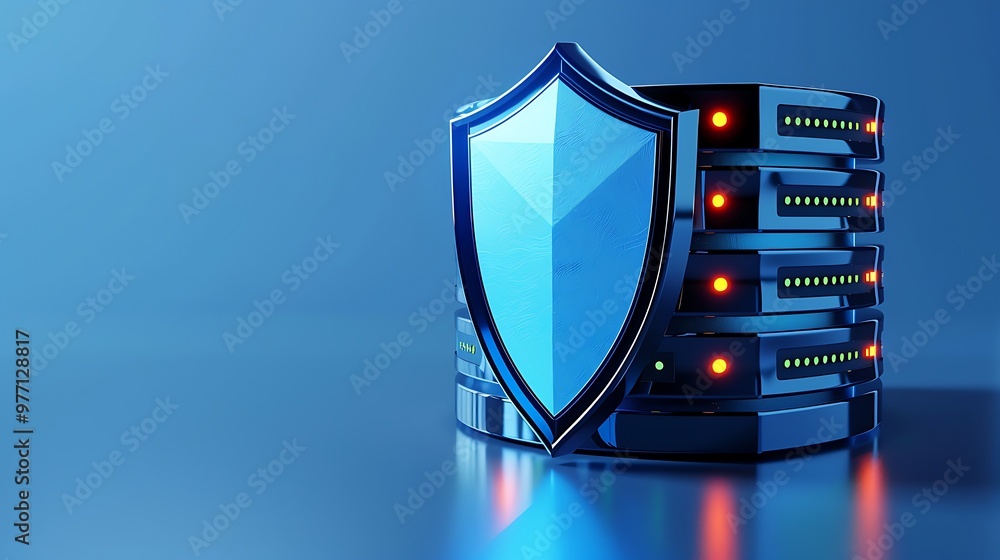 Poster a modern data server with a blue shield symbolizing security and protection in technology and data m