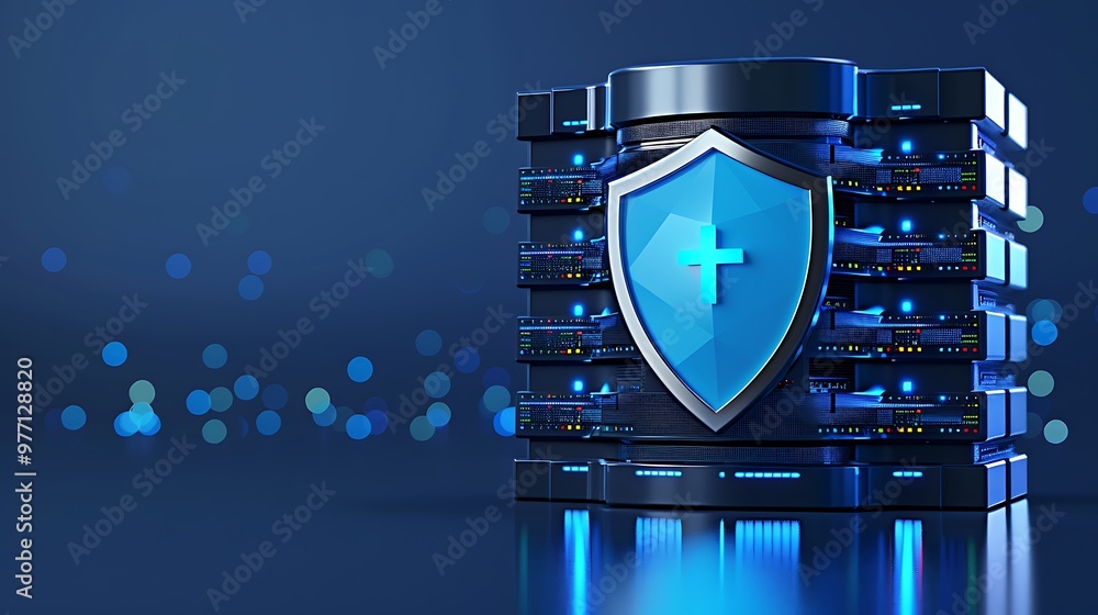 Poster a modern data server with a blue shield symbolizing cybersecurity and data protection amid a digital