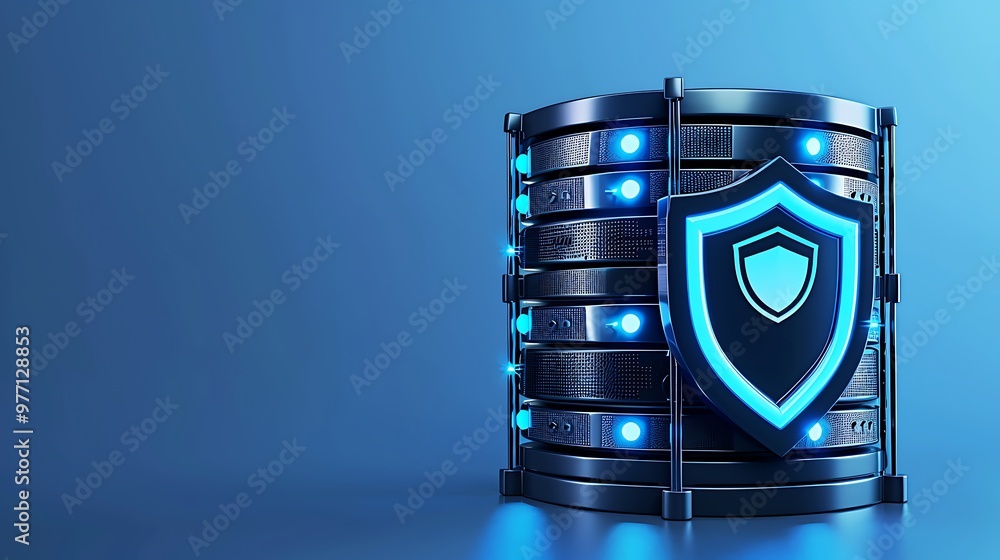 Poster a modern data server with a glowing blue shield, symbolizing security and protection in technology a