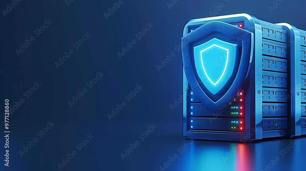 Poster a modern data server with a glowing shield icon, representing cybersecurity and data protection in a