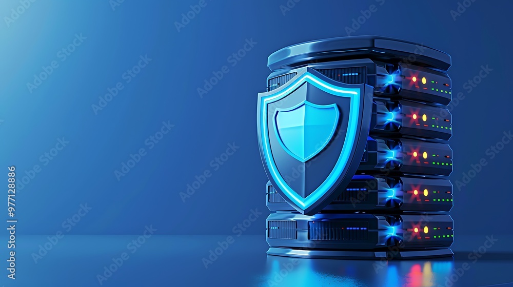 Poster a modern data server with a glowing shield, symbolizing cybersecurity and protection of digital info