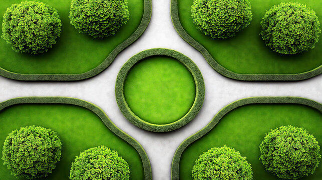 Green spaces connecting with paths in modern garden design illustration