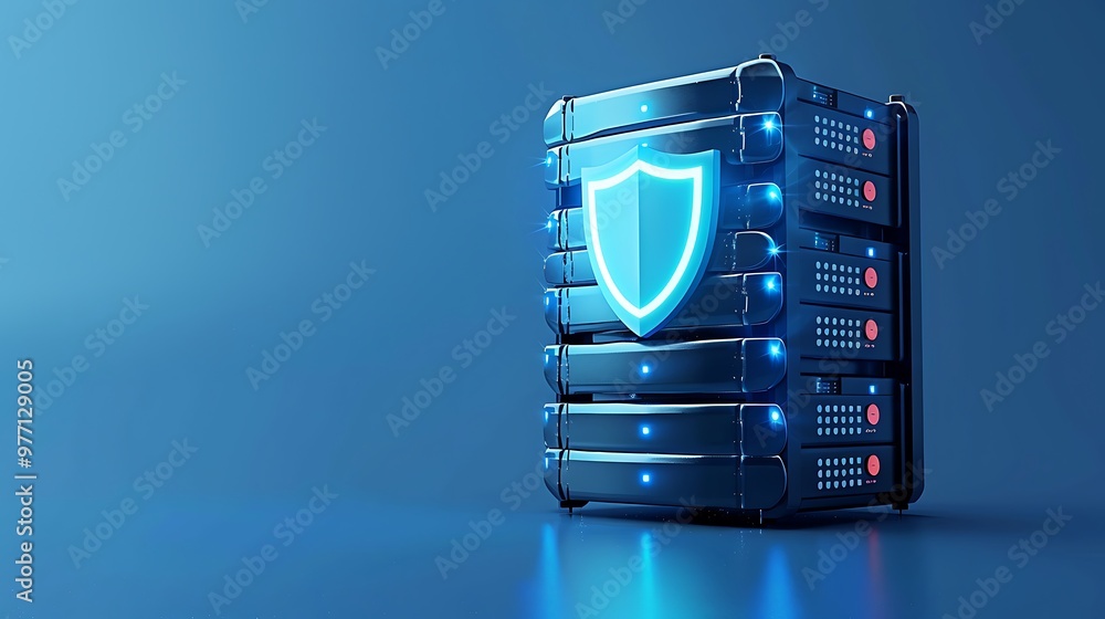 Poster a modern data server with a glowing shield symbol, representing cybersecurity and data protection in