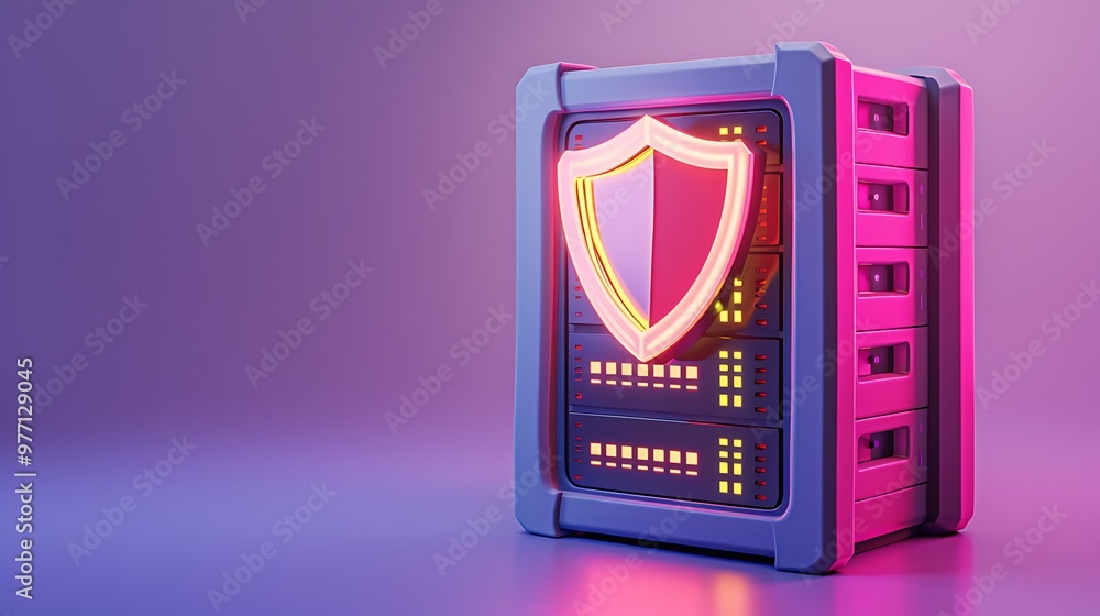 Poster a modern data server with a glowing shield symbol, representing security and protection in digital e