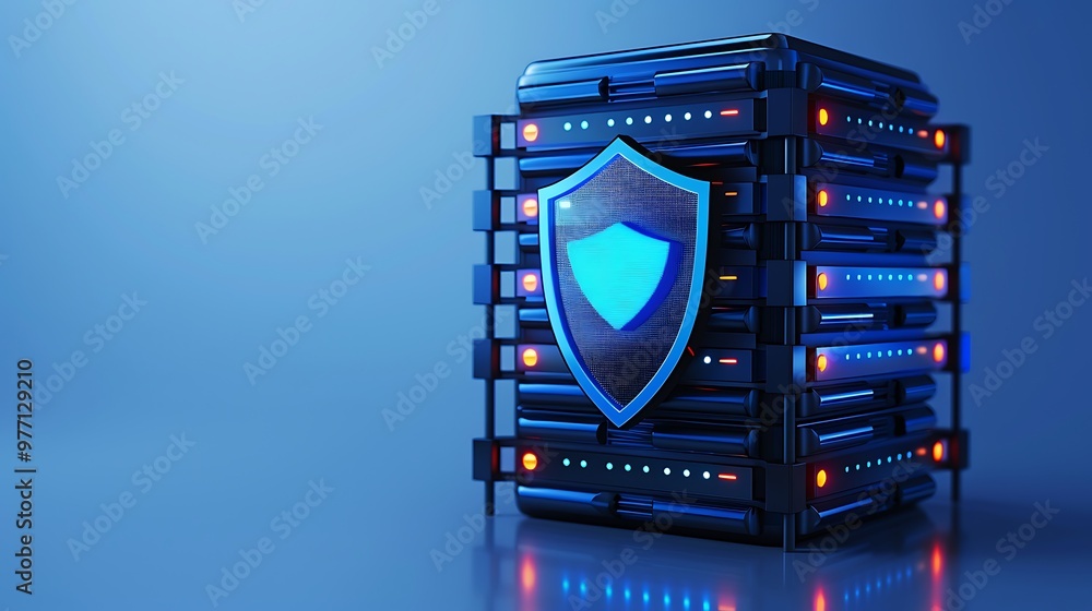 Poster a modern data server with a protective shield symbol, representing cybersecurity and data protection