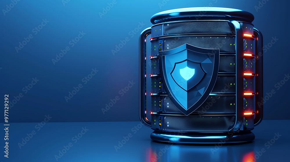 Poster a modern data server with a protective shield, symbolizing security and data protection in a digital