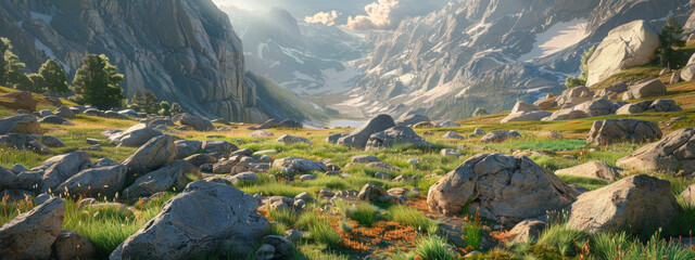 A rugged granite boulder field, with massive rocks piled haphazardly amidst alpine meadows, remnants of ancient glacial activity
