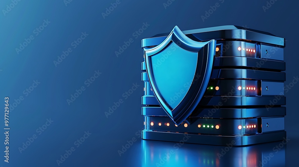 Poster a modern data server with a security shield symbolizing protection and cybersecurity in a digital en