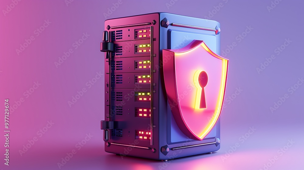 Poster a modern data server with a security shield, symbolizing digital protection and cybersecurity in a c
