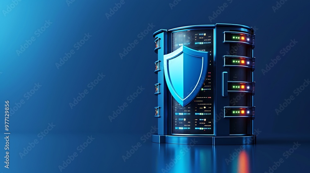 Poster a modern data server with a shield symbol, representing cybersecurity, protection, and secure data s