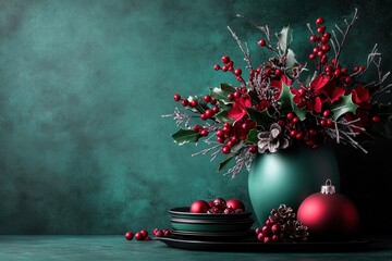 elegant christmas floral arrangement with festive decorations on green background