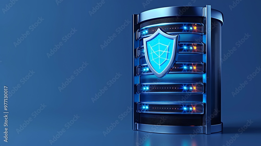 Poster a modern data server with a shield symbol, representing cybersecurity and data protection on a blue 