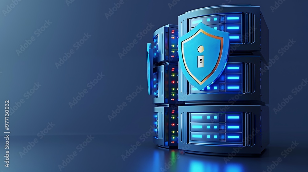 Aufkleber A modern data server with a shield symbol representing cybersecurity and protection features in a tech environment.