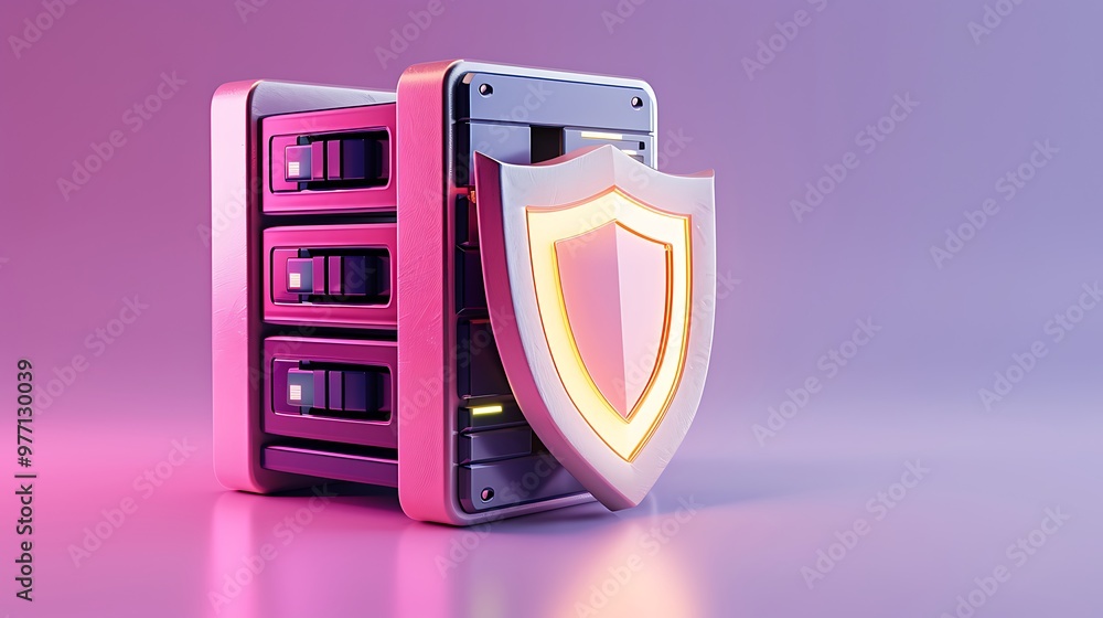 Poster a modern data server with a shield symbolizing cybersecurity and data protection in a vibrant purple