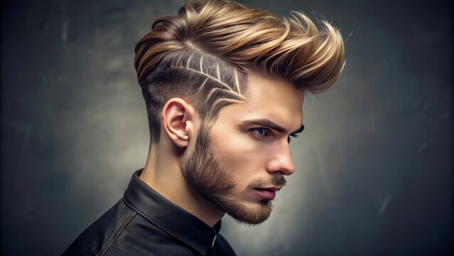 Elegant young man sports trendy haircut featuring intricate designs and latest barbering techniques, exuding confidence
