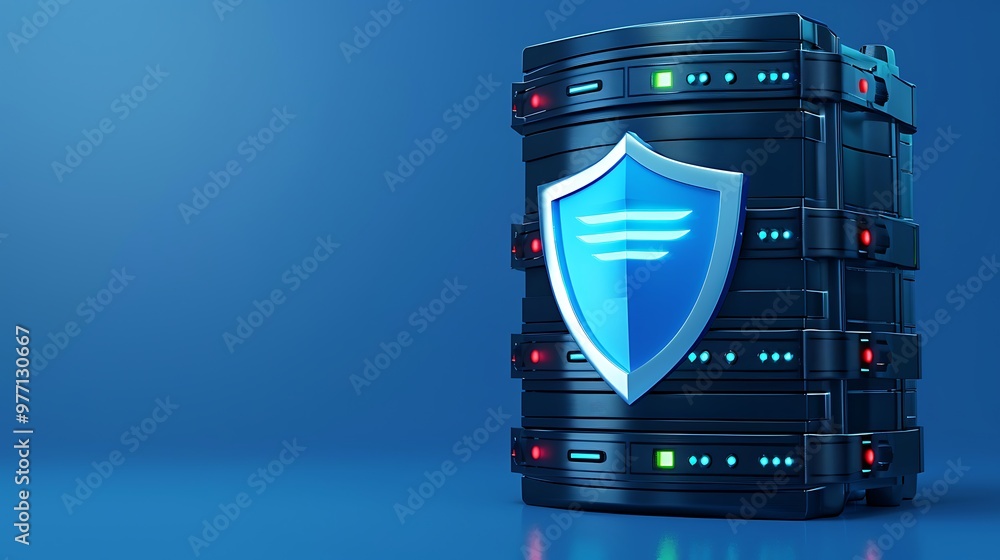 Poster a modern data storage unit featuring a security shield, symbolizing advanced cybersecurity and data 