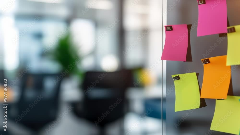 Poster close-up of sticky notes pinned on glass during a team meeting. creative collaboration for business 