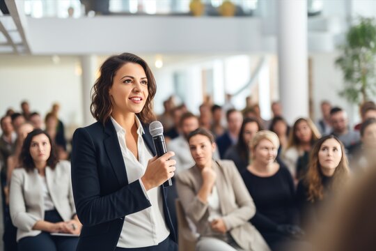 A woman holding a microphone in front of a crowd at an entertainment event