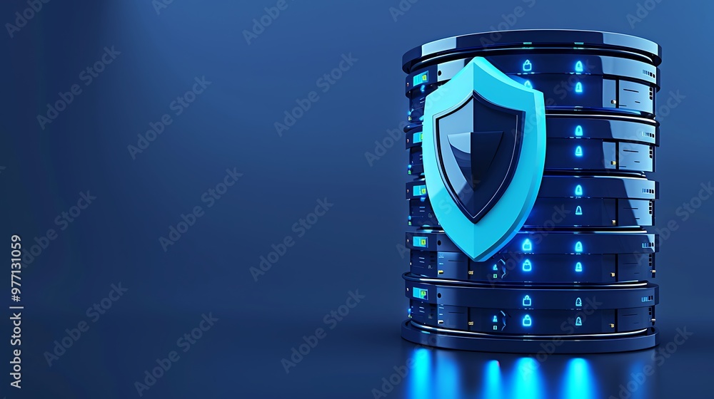 Poster a modern digital database with a security shield, symbolizing data protection and cybersecurity in a
