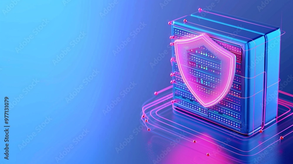 Poster a modern digital illustration of a secure server with a glowing shield, representing cybersecurity a