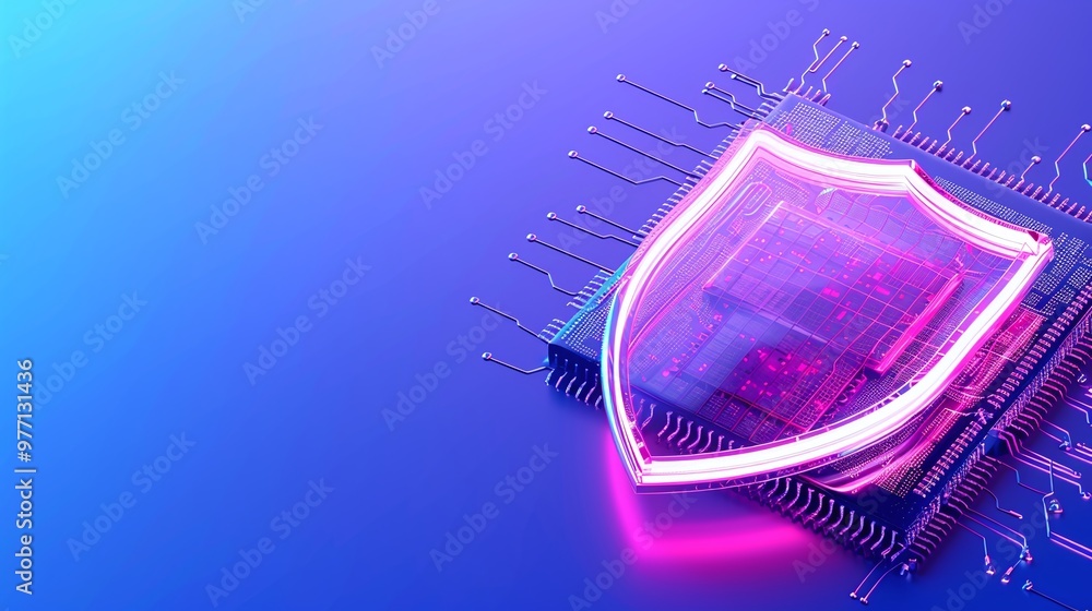 Poster a modern digital shield design over a microchip, symbolizing cybersecurity and data protection in a 