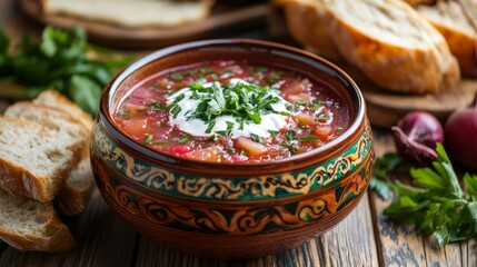 Borscht - Traditional Ukrainian dish. Vegetable soup made from beets, potatoes, cereals and boiled meat, and slices of rye bread in a ceramic bowl on a wooden kitchen table. Russian food cuisine