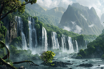 Fototapeta premium Generative ai on theme of beautiful majestic waterfall in natural nature, national park attraction