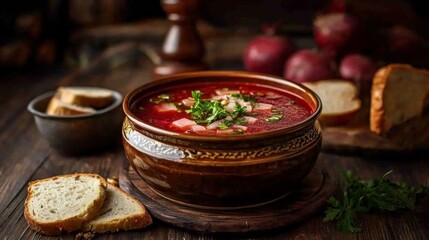 Borscht - Traditional Ukrainian dish. Vegetable soup made from beets, potatoes, cereals and boiled meat, and slices of rye bread in a ceramic bowl on a wooden kitchen table. Russian food cuisine