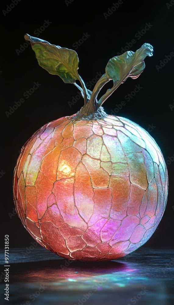 Poster A colorful, translucent orb resembling a fruit with leaves.