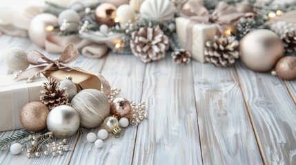 Christmas Gift Box, Baubles and Decorations on Rustic White Wood Background with Copy Space
