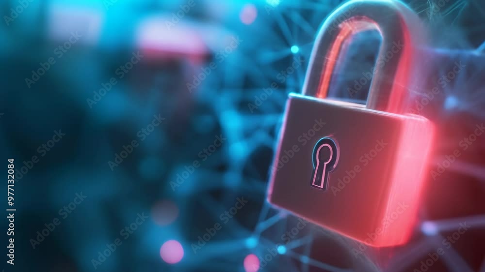 Poster Close-up of a digital padlock in a secure network with blue and red lighting. Concept of data security and cyber protection for modern businesses.