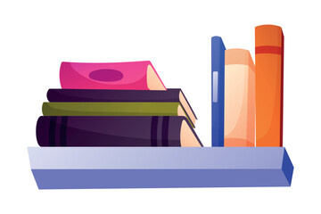 Bookcase shelf with stack of colorful books. Vector isolated on white cartoon illustration. Home library concept.