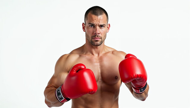 A confident heavyweight boxer with red gloves poses against a clean white background, emphasizing strength and focus.






