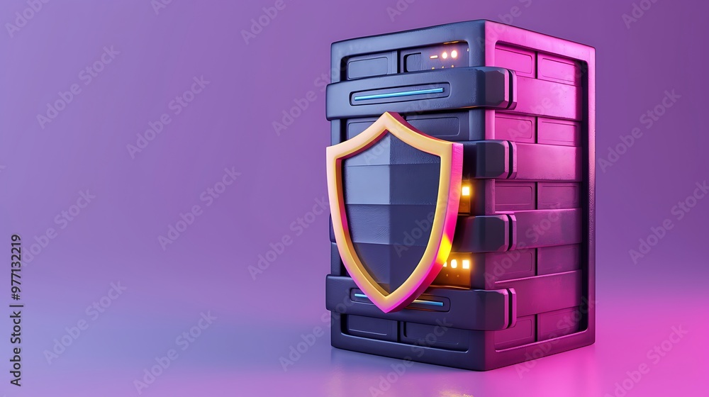 Poster a modern, stylized storage unit with a security shield, illuminated in vibrant colors, representing 