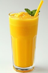 Fototapeta premium Refreshing Yellow Mango Smoothie in a Tall Glass Garnished with Mint, Isolated on White