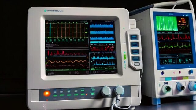 Two medical devices with digital screens displaying heart rate, pulse, and other medical data.