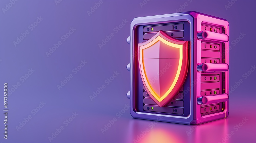 Poster a modern secure vault with a glowing shield, symbolizing protection and security in a digital age.