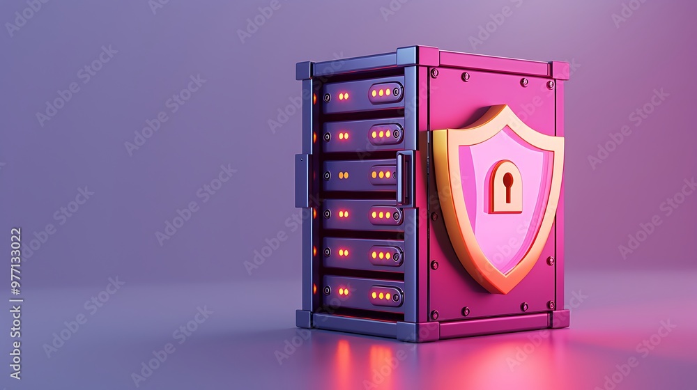 Poster a modern secure vault with a shield design and glowing lights, symbolizing protection and data secur