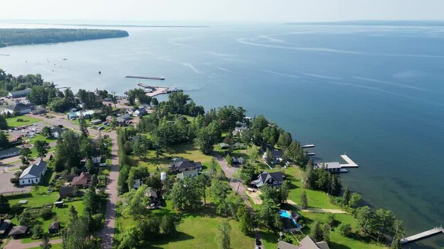 Beautiful Town Of La Pointe, Madeline Island, Wisconsin. Aerial Rotation Over The Picturesque Waterfront Town. Apostle Islands National Lakeshore Ferry Line To Bayfield.