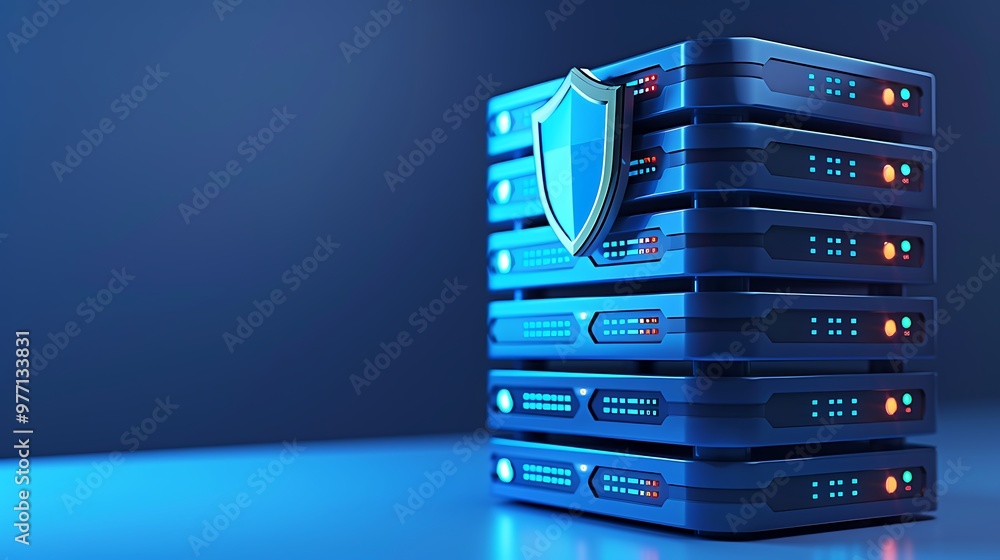 Poster a modern server rack featuring a shield logo, symbolizing data security and protection in a digital 