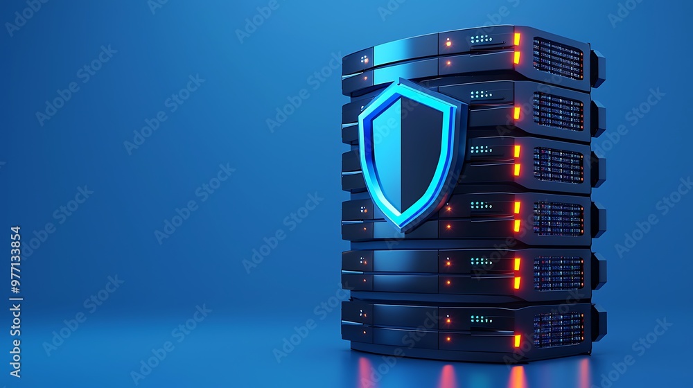 Poster a modern server rack with a blue shield symbol, representing data security and protection in a techn