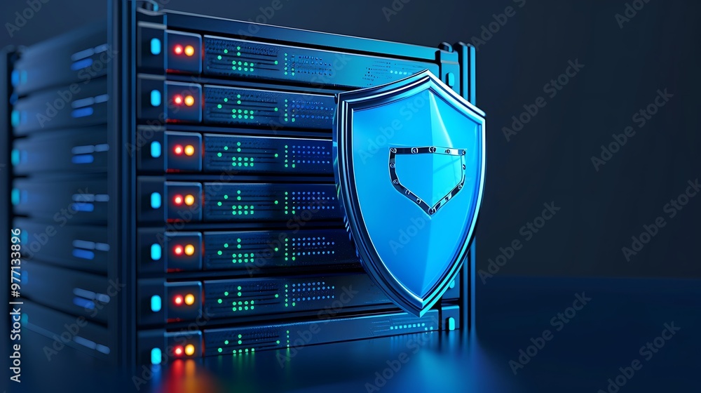 Poster a modern server rack with a digital shield, emphasizing data security and technology innovation in a