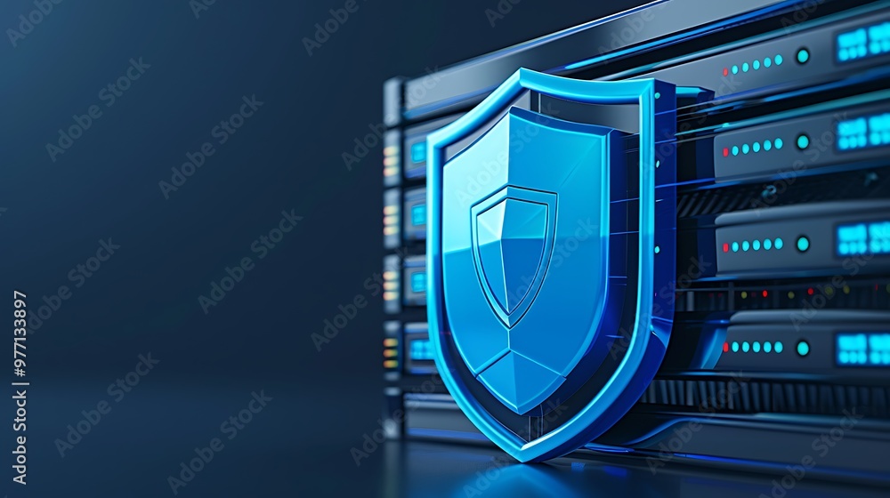 Poster a modern server rack with a blue shield symbolizing data security and protection in a technology env
