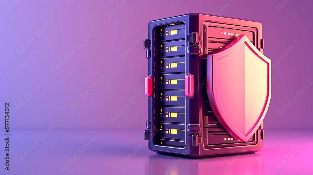 Poster a modern server rack with a protective shield, symbolizing data security and technology advancement,