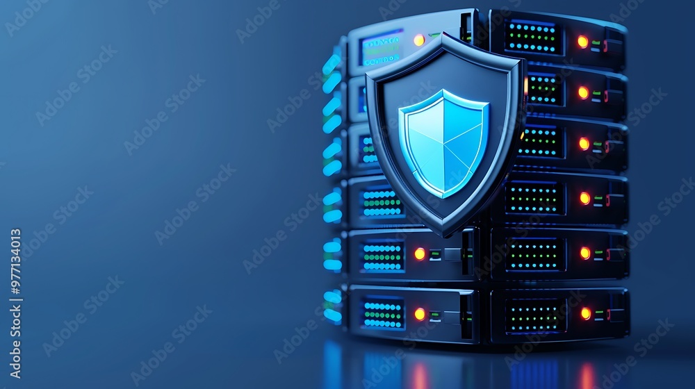 Poster a modern server rack with a protective shield symbol representing cybersecurity and data protection 